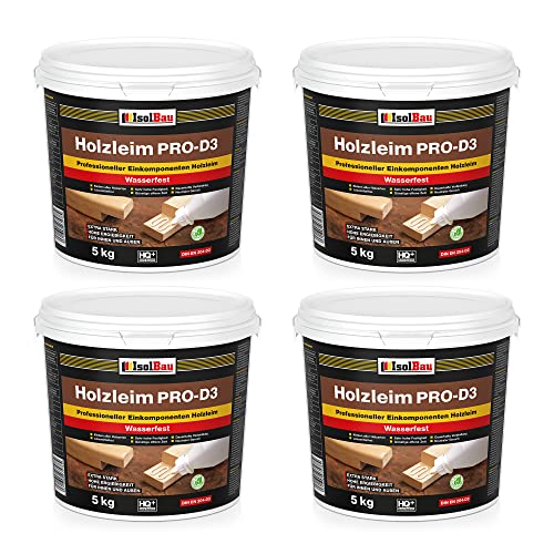 Isolbau Holzleim PRO-D3-4 x 5 kg Eimer Extra starker Holzkleber für alle Holzarten, für Innen & Außen, Wasserfest, Lösemittelfrei von Isolbau