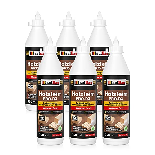 Isolbau Holzleim PRO-D3-6 x 750 ml (860 g) Extra starker Holzkleber für alle Holzarten, für Innen & Außen, Wasserfest, Lösemittelfrei von Isolbau