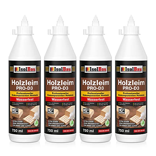 Isolbau Holzleim PRO-D3-4 x 750 ml (860 g) Extra starker Holzkleber für alle Holzarten, für Innen & Außen, Wasserfest, Lösemittelfrei von Isolbau