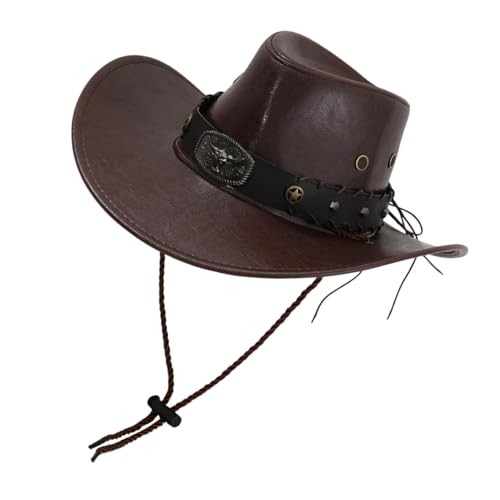 Itkcozcg Wildwest PU Hut mit großen Krempen und dekorativem Gürtel für Kostümbegeisterte Cosplay Party Zubehör Hut von Itkcozcg