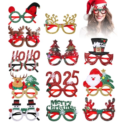 12 Stück Weihnachtsbrille Lustige Brille Glitzernde Party Gläser Rahmen Weihnachten Foto Requisiten Kreative Weihnachtsgläser Nette Partybrille für Weihnachtenskostüm deko Partydekoration Erwachse von Itoyx