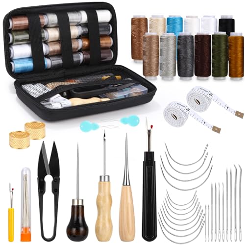 58 PCS Leder Nähset Professionell Leder Werkzeug Ledernähset mit Nähnadeln Polsterreparaturset mit DIY Lederhandwerk Lederwerkzeug Ledernadel Nahtauftrenner Nadel Nähgarn für Reparaturen von Ixydor