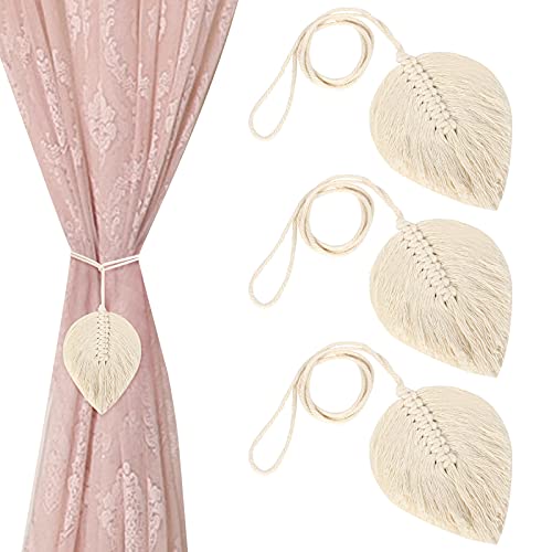 Iyowei 3 Stück Vorhang Raffhalter Boho Vorhanghalter Blätter Baumwolle Makramee Gardinenhalter Beige Zugband Vorhanghalter Holdback Tie für Zuhause Salon Büro Hotel Fenster Deko von Iyowei