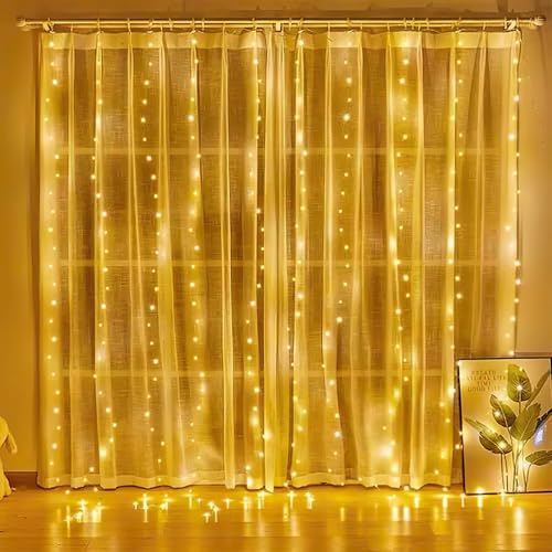 Izrielar 3x3m Lichtervorhang 300leds Lichterketten Vorhang Lichterkettenvorhang 8 Modi mit Timer, wasserdichte LED Weihnachtslicht Fenster Innen Außen Deko, Zimmer, Hochzeit, Ramadan, Warmweiß von Izrielar