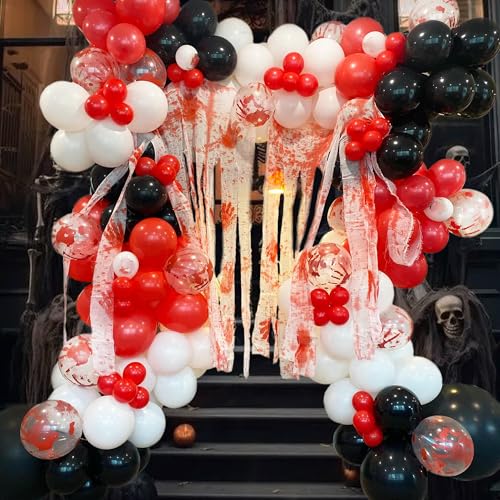 160 Stück Halloween gruselige Blutschädel Luftballons mit schwarz-weiß-roten blutigen Handabdrücken Ballons für Halloween Skelett blutige Geburtstagsparty-Dekorationen Zubehör von J-HAIPA