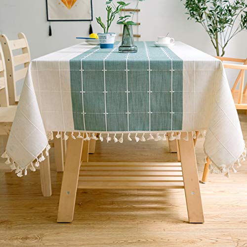 JaeMoose Feste rechteckige Tischdecke aus Baumwolle und Leinen mit Karomuster und Quasten,für Küche,Esszimmer,Tischdekoration (140 x 220 cm, Grün/Weiß). von JaeMoose