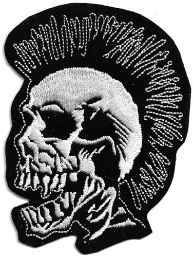 Aufnäher Bügelbild Aufbügler iron on Patch Totenkopf Skull Irokese Punk never dies Motorrad Kutte 10x9 cm von JAB Seller