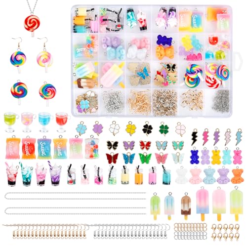 JABNOW Charms Anhänger Set, Ohrringe Selber Machen Set,65 Stück Charms Bubble Tea Schmetterling Bär, DIY Coole Sachen für Ohrringe Halskette Armband und Schlüsselanhänger Mädchen von JABNOW