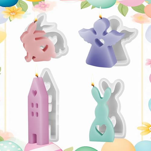 Ostern Silikonform,4 Stück Osterhase Silikonform Gießformen,3D Silikonform Hase Haus Engel für Ostern,DIY Silikon Gießform Ostern für Gips,Sojawachs Kerzen,Handwerk von JABNOW