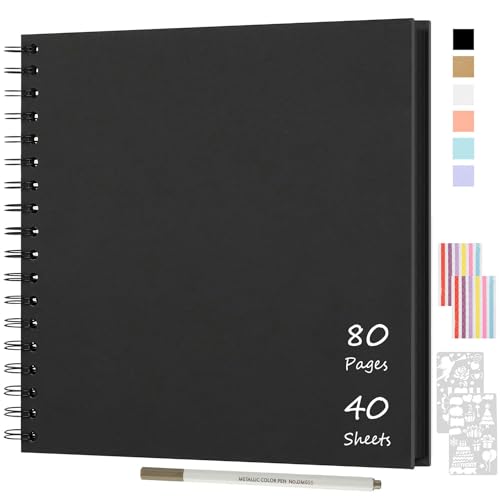 JAECU Fotoalbum zum Selbstgestalten und Einkleben 24x24cm, DIY Spiralalbum Scrapbook Album 80 Seiten Fotobuch, Fotoalben Gästebuch Für Geburtstag Hochzeit (Schwarz) von JAECU