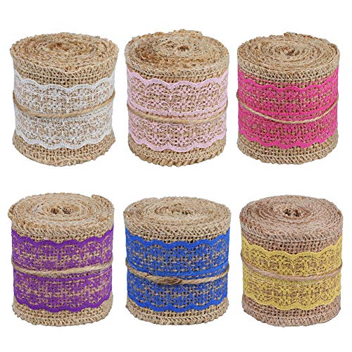 JAHEMU Juteband Spitzenband Leinenband Spitze Sackleinen band Dekoband Vintage Burlap Ribbon für Hochzeit Weihnachten Party Deko DIY Handwerk 6 Rollen (2m x 6cm) von JAHEMU