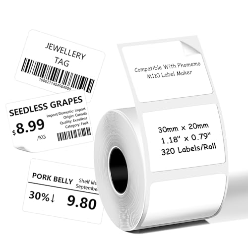 Thermal Labels Compatible With Phomemo M110/M221/M220/M120/M200 Label Printer,1.18" x 0.79" (30x20mm), 320 Labels/Roll, Black on White von JANMORE