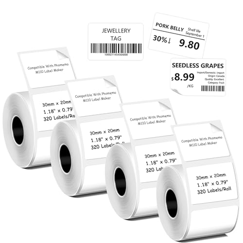 Thermal Labels Compatible With Phomemo M110/M221/M220/M120/M200 Label Printer,1.18" x 0.79" (30x20mm), 320 Labels/Roll 4 Rolls, Black on White von JANMORE