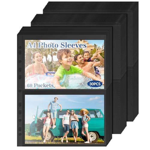 30 Pack 60 Taschen Fotohüllen A4,Postkartenhüllen A5 Klarsichtfolien Klarsichthüllen A4 2 Fach Geteilt Fotohüllen ür A4 2/3/4 Ringbuch,SammelHüllen Insert Sichthüllen für Postkarten Fotos von JAOMON