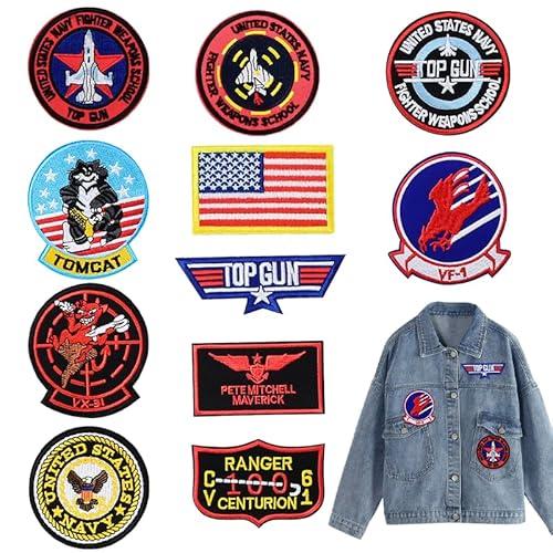 JAONLD 11 Stück Top Gun Aufnäher zum Aufbügeln, USA Flagge Maverick Patches Bestickt, Air Force Navy Marine Army Jacke Tactical Military Logo Dekorative Applikation für Jacken, Jeans, Rucksäcke von JAONLD