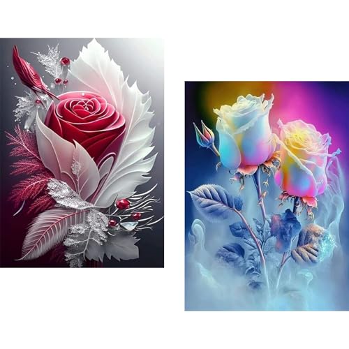 JATOK Diamond Painting Erwachsene, Rose 2er Set 5D DIY Diamant Painting Bilder Erwachsene, Diamond Art Full DIY Diamant Kunst Malerei Stickerei Kreuzstich Bilder Home Wand Dekor, 30X40CM von JATOK