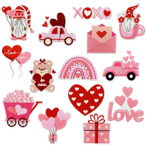 14 Stück Valentinstag Bügelbilder Rosa Nähen Aufbügeln Bestickte Patches Applikationen Niedlich Herz Brief Ballon Zwerg Auto Bär Design DIY Reparatur Flicken für Paare Kleidung Rucksack Jacken Hut von JATOMSSM