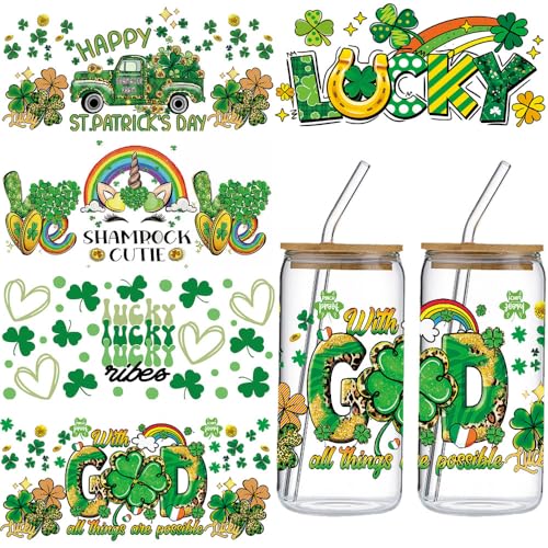 St. Patrick's Day UV DTF Cup Wrap, Irish Lucky Theme Rub on Transfers for Crafting UV DTF for 473.6 g Libbey Glass Cups Shamrock Clover God Unicorn Car UV DTF Cup Wrap Transfer Stickers for Crafts von JATOMSSM