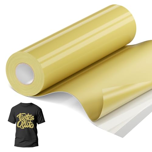 JAVIGA Plotterfolie Textil, 30,5 cm x 10,6 m Gold Flexfolie Plotter Textil für Cricut und Silhouette Cameo, Bügelfolie für Textilien, Gold Iron on Folie für DIY Shirts Aufbügeln, Stoffe von JAVIGA