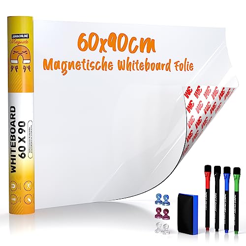 Whiteboard Folie 60x90cm - 3M Magnetfolie selbstklebend - Magnetische Tafelfolie abwischbar - Praktische Ferrofolie Weiß - Whiteboardfolie inkl. 4 Marker, Radiergummi und 6 Pins von JAWAonline