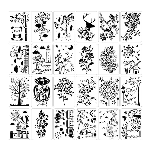 24Stk Malvorlage Malschablone, wiederverwendbare Schablonen Mandala Schablonen Malerei Zeichenschablonen Diy Malerei Vorlage Blume Tiere Handwerk Schablone für DIY Gravur Malerei Scrapbooking von JAWSEU