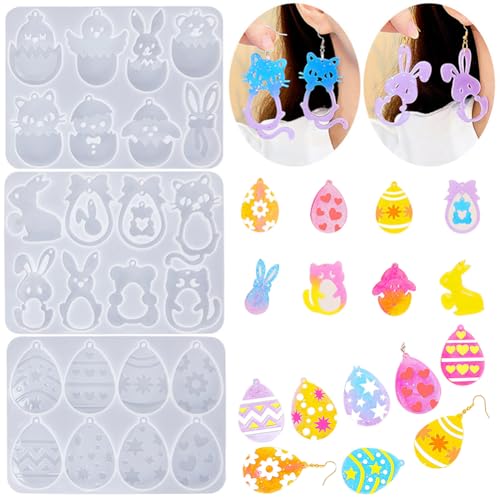 3Set Ostern Harzformen Hasenei Schlüsselanhänger Osterschmuck Epoxidharz Formen Anhänger Halskette Ohrringe Silikonformen Hase Schmuck Giessharz Gießform Kristall Casting Form für DIY Basteln von JAWSEU