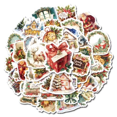 50 Stück Sticker Weihnachten, Aufkleber weihnachten Weihnachtsaufkleber Aesthetic Vintage Sticker Wasserfest Graffiti Sticker für Skateboard Auto Wasserflasche Scrapbooking Geschenkaufkleber von JAWSEU