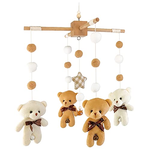 Baby Mobile für Babybett, Mobile Baby Holz mit Filzbällen und Bär Ornament Kinderzimmer Hängende Bettglocke Geschenk für Baby Mädchen Jungen, Kinderbett Wickeltisch Deko von JAWSEU