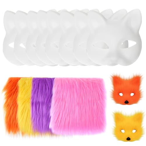 JAWSEU 8pcs Katzenmasken + 4pcs Kunstfell Bordüre Kunstpelz Band Fellstoff weißer Fuchs Katzengesicht blanko handbemalte Masken DIY bemalte Maske Cosplay DIY Katzen Masken Furry Faux Precut Strips von JAWSEU