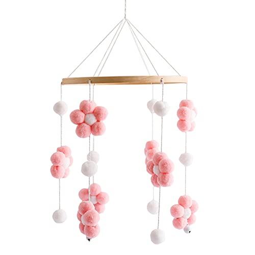 JAWSEU Babybett Mobile Windspiel Spielzeug, Mobile Baby Holz mit Filzbällen, 3D Blumen Baby Mobile aus Filz, Bettglocke Baby, Neugeborenen Kinderzimmer Hängende Bettglocke von JAWSEU