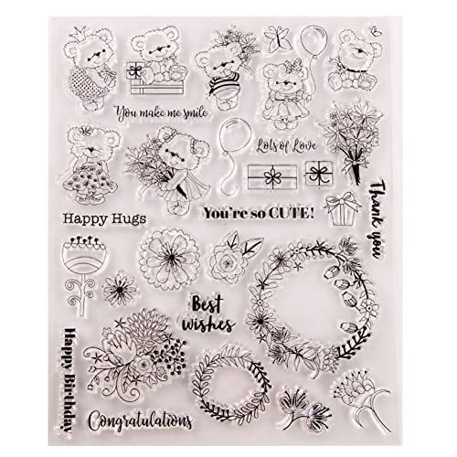 JAWSEU Silikonstempel Bär und Blume Klare Stempel, Stempel Clear Weihnachten Stamp Transparente Stempel für Kartengestaltung Dekoration und DIY Scrapbooking von JAWSEU