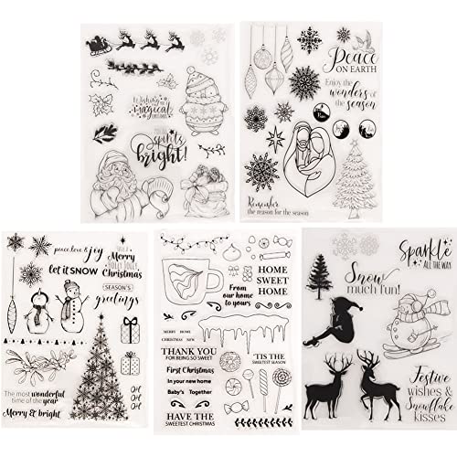 JAWSEU Weihnachten Silikonstempel, 5 Blätter Weihnachtsstempel, Clear Stempel Weihnachten Klare Stamps Silikon, Stempelset Winter Für DIY Album Kartenherstellung Scrapbooking Dekoration von JAWSEU