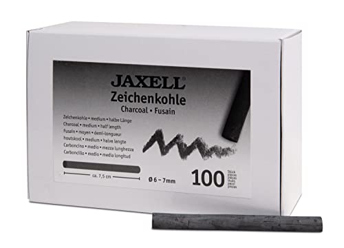 JAXELL 48237 Zeichenkohle-Set in Künstlerqualität, 100 Kohlestäbchen, Härtegrad mittel, gut deckend, halbe Länge ca. 7,5 cm rund, Durchmesser 6 - 7 mm von JAXELL