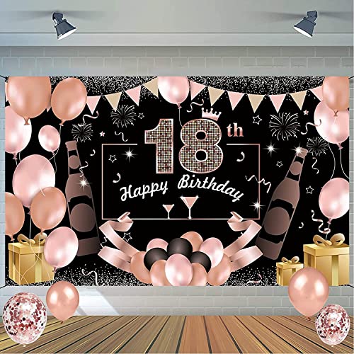 18. Geburtstag Party Dekoration,Banner 18 Geburtstag Roségold,Extra Große Fotografie Hintergrund Schild Poster für 18 Geburtstag Party Kuchen/Tabelle/Mauer/Garten Dekoration von JBJXNXH