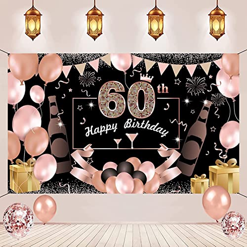 JBJXNXH 60. Geburtstag Party Dekoration,Banner 60 Geburtstag Roségold,Extra Große Fotografie Hintergrund Schild Poster für 60 Geburtstag Party Kuchen/Tabelle/Mauer/Garten Dekoration von JBJXNXH