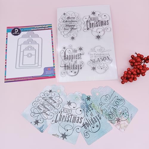 Alinacutle Metall-Stanzform und transparente Stempel für Papierbasteln, handgefertigte Kartenherstellung, Grußkarten, Scrapbooking von Alina Crafts (Tag-Set Stanzformen & Merry Christmas-Stempel) von JBQUEEN