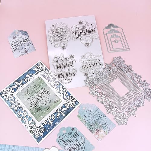 Alinacutle Metall-Stanzform und transparente Stempel für Papierhandwerk, handgefertigte Kartenherstellung, Grußkarten, Scrapbooking von Alina Crafts (Schneeflocken-Rahmen-Schablonen und Frohe von JBQUEEN