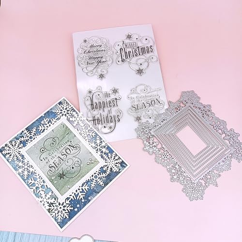 Alinacutle Metall-Stanzform und transparente Stempel für Papierhandwerk, handgefertigte Kartenherstellung, Grußkarten, Scrapbooking von Alina Crafts (Schneeflockenrahmen-Stanzformen und Frohe von JBQUEEN