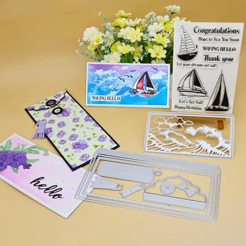 Alinacutle Slimline Kartenumschlag und Meereswellenrahmen, Metall-Stanzform und Segelboote, transparente Stempel für Geschenkpapier, Bastelarbeiten, Grußkarten, Scrapbooking und Album von JBQUEEN