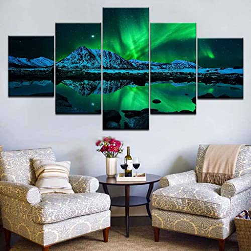 JBUTXE 5 Teiliger Kunstdruck auf Leinwand, Leinwand zum Bemalen, Wandbild, Blaugrünes Polarlicht Öl - Bilder für Zuhause, Moderne Dekoration für Wohnzimmer Schlafzimmer 100x50cm (B x H) von JBUTXE