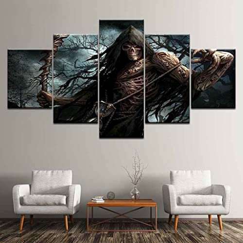 JBUTXE Leinwand Bilder Skelett Sensenmann Leinwandbild, auf Leinwand Gedrucktes Kunstwerk 5-teilig, Foto auf Leinwand für Wanddekoration Design Wohnzimmer Wohnkultur (Kein Rahmen) 200x100cm (B x H) von JBUTXE