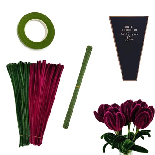 150 Stück Rosen Blumenstrauß Pfeifenreiniger Set, Pfeifenreiniger, 8 Stück Grün Basteldraht,Geschenkpapier, Klebeband, Pfeifenputzer Zum Basteln(Grün, Rot) von JCTRRJ