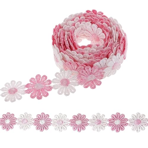 JCUGSBS 5 Yard 25mm Blumen Spitzenband Spitzenborte Stickerei Dekoband Zierband Borten Bänder Blumenband Gänseblümchen Dekoband Spitzen Spitzenborte Für Hochzeit Deko Handwerk Nähen Deko (rosa,weiß) von JCUGSBS