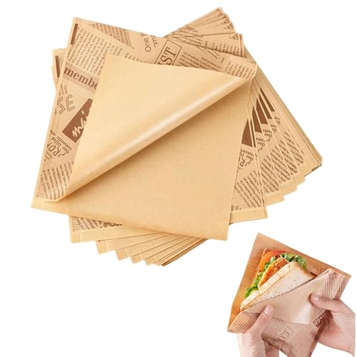 JDCMEI 100 Stück Burger Papier, 15 x 15 cm Snacktaschen, Dreieck Papiertüte Sandwich Tüten Burger Papier Fettdicht Fettdicht Speisetüten Lebensmitteltüten für Sandwich Burger Pommes Frites von JDCMEI