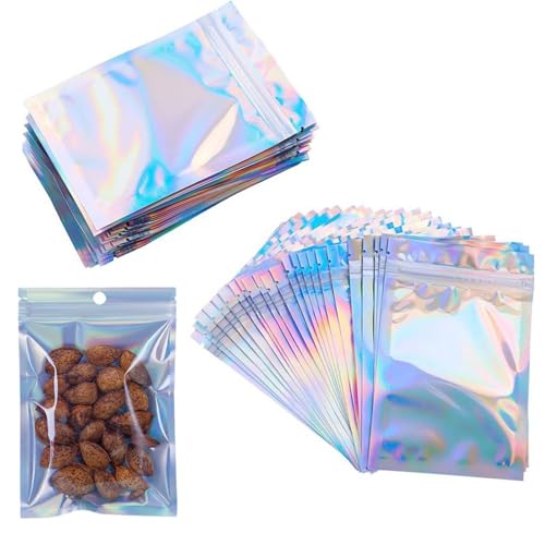 JDCMEI 200 Stück Aluminiumfolie Beutel, 7x10cm Mylar Beutel, Holographische Folienbeutel, Zip-Beutel Holografische Wiederverschließbare Beutel für Schmuck, Lipgloss, Süßigkeiten, Snacks von JDCMEI