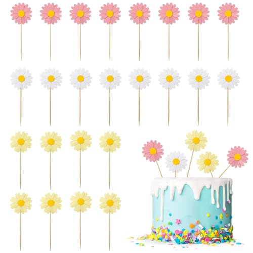 JDCMEI 24 Stücke Tortendeko Gänseblümchen, Gänseblümchen Blumen Pappbecher Kuchendeko, Gänseblümchen Tortenaufleger, Topper Gänseblümchen, Gänseblümchen Pappbecher Kuchendeko Blumen Cupcake Topper von JDCMEI