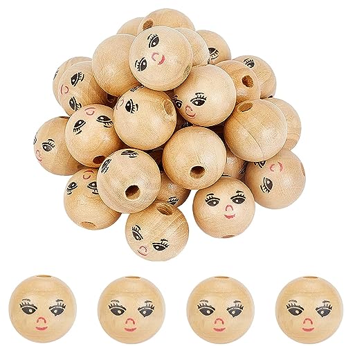 JDCMEI 60 Stück Smile Holzperlen, Holzperlen mit Gesicht, Holzperlen Puppenkopf, Holzkugeln Gesicht mit 5mm Loch, Für DIY Puppenkopf, Schlüsselanhänger, Engel, Handwerk (22mm) von JDCMEI