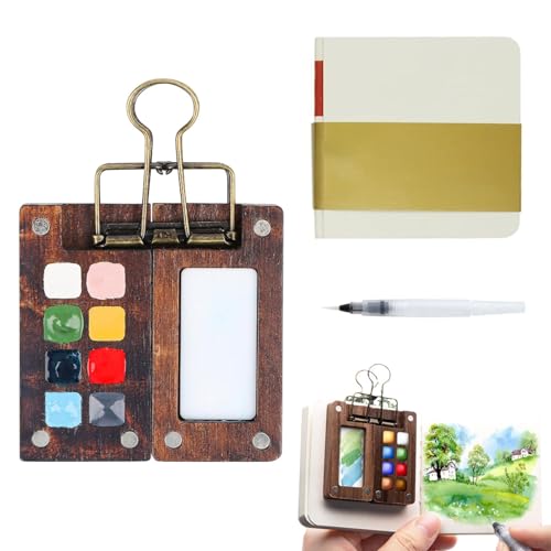 JDCMEI Skizzenbuch Palette Set, Tragbares Mini-Aquarell-Paletten Set, 8 Grids Mini Holz Reise Malpalette Malkasten, Mini Aquarell-Reise-Set mit Pinselclip, Skizzenbuch für Maler, Künstler, Studenten von JDCMEI