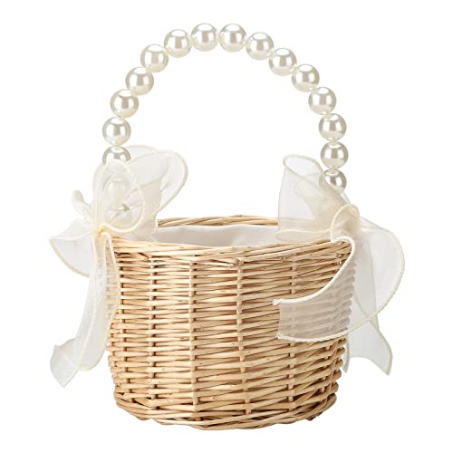 2 Stück Kleiner Perlen-Rattan-Korb, Perlen-Tragekorb, Brauner Weiden-Blumenkorb mit Griff, Blumenmädchen-Korb für Hochzeit, Heimdekoration(Braun) von JDEFARF