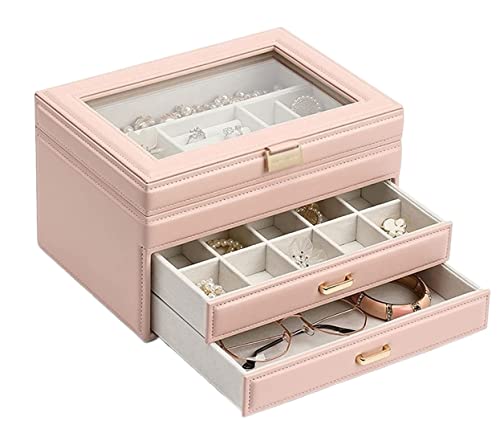 JDSHFEN Schmuckschatulle PU-Leder Schmuckschatulle Schmuck-Organizer-Etui mit Schublade und transparentem Glasdeckel für Halsketten Armbänder Ringe Schloss,Weiß: 25,6 x 18,3 x 12 cm von JDSHFEN